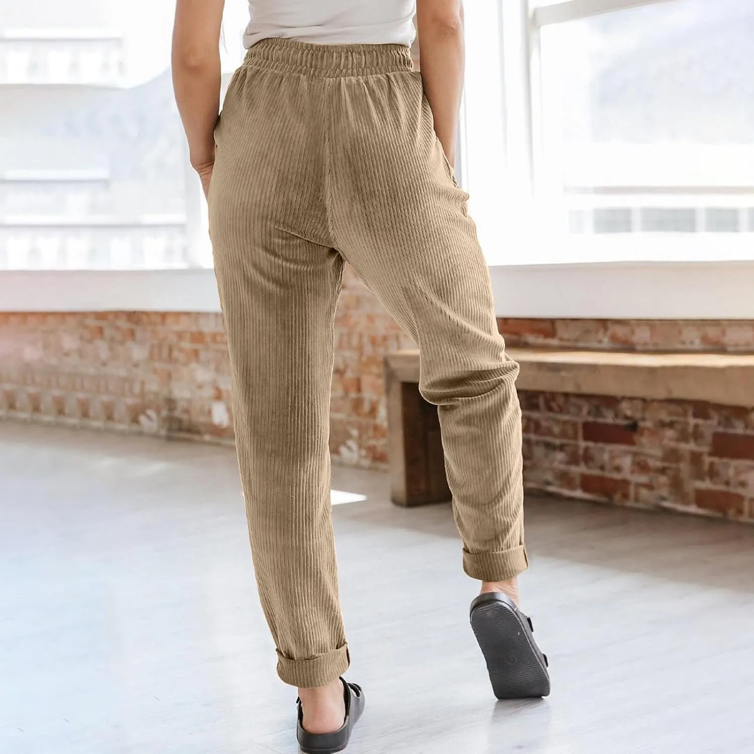 Corduroy Pants Women High Waisted Drawstring Casual Straight Leg Pants Loose Comfy Lounge Pants Trousers with Pockets