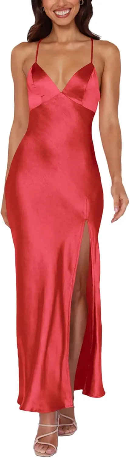 Cosonsen Women's Cocktail Party Dress Satin V-Neck Spaghetti Strap Split Open Back Long Maxi Dresses