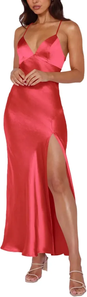 Cosonsen Women's Cocktail Party Dress Satin V-Neck Spaghetti Strap Split Open Back Long Maxi Dresses
