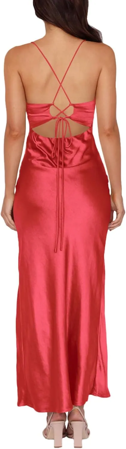 Cosonsen Women's Cocktail Party Dress Satin V-Neck Spaghetti Strap Split Open Back Long Maxi Dresses