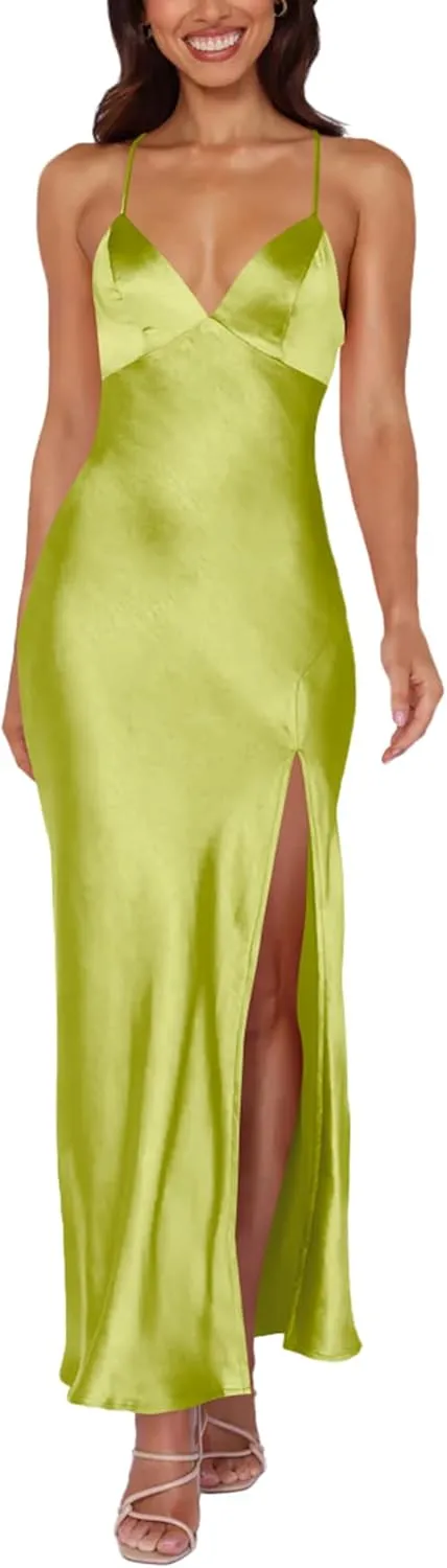 Cosonsen Women's Cocktail Party Dress Satin V-Neck Spaghetti Strap Split Open Back Long Maxi Dresses
