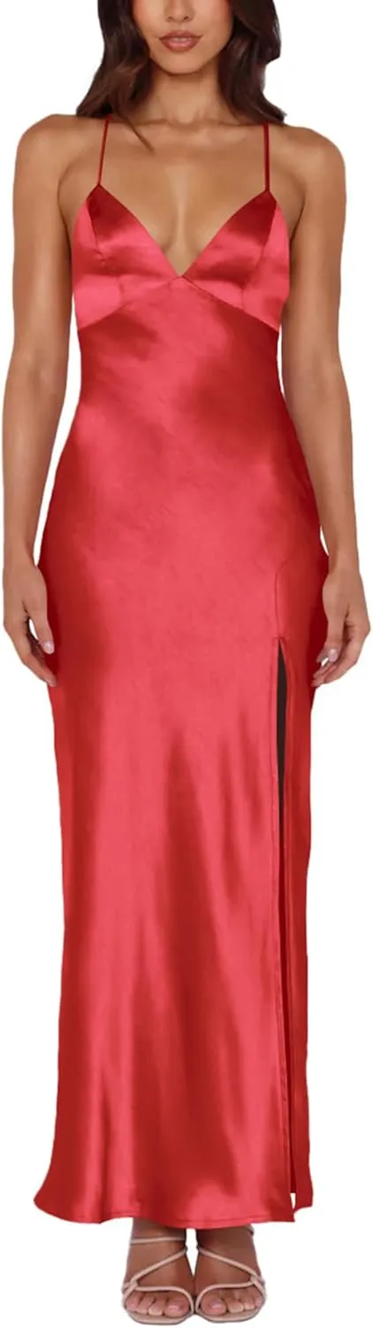 Cosonsen Women's Cocktail Party Dress Satin V-Neck Spaghetti Strap Split Open Back Long Maxi Dresses
