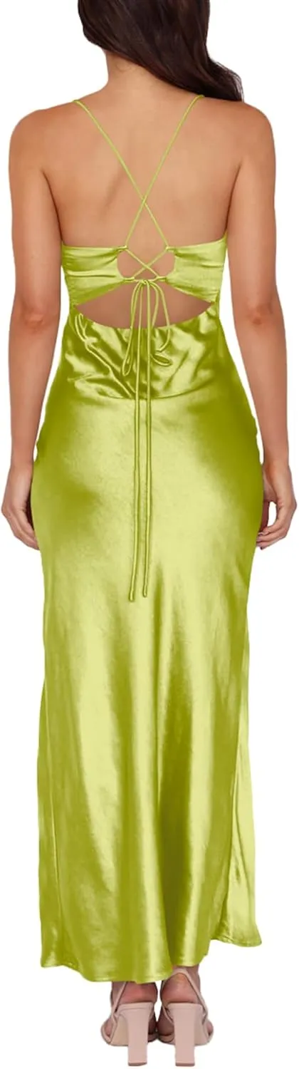 Cosonsen Women's Cocktail Party Dress Satin V-Neck Spaghetti Strap Split Open Back Long Maxi Dresses