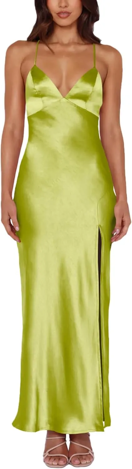 Cosonsen Women's Cocktail Party Dress Satin V-Neck Spaghetti Strap Split Open Back Long Maxi Dresses