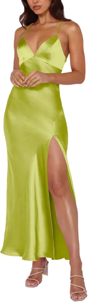 Cosonsen Women's Cocktail Party Dress Satin V-Neck Spaghetti Strap Split Open Back Long Maxi Dresses