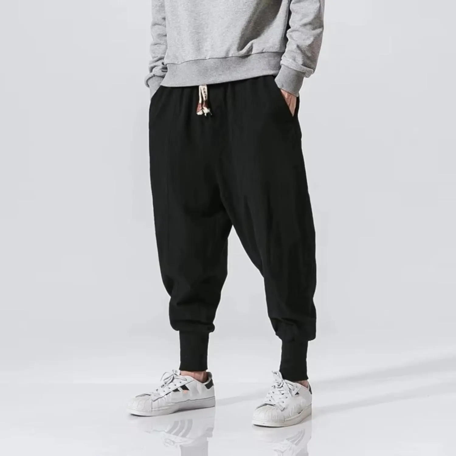 Cotton Linen Harem Pants Men Solid Elastic Waist Streetwear Joggers Baggy Pants Casual Trousers Men