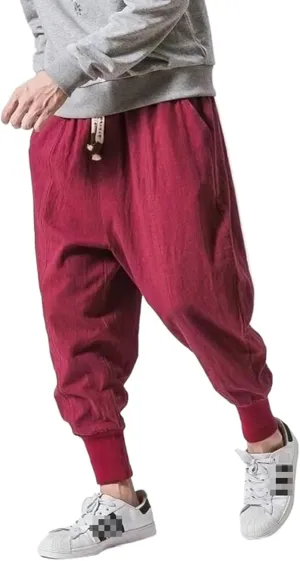 Cotton Linen Harem Pants Men Solid Elastic Waist Streetwear Joggers Baggy Pants Casual Trousers Men