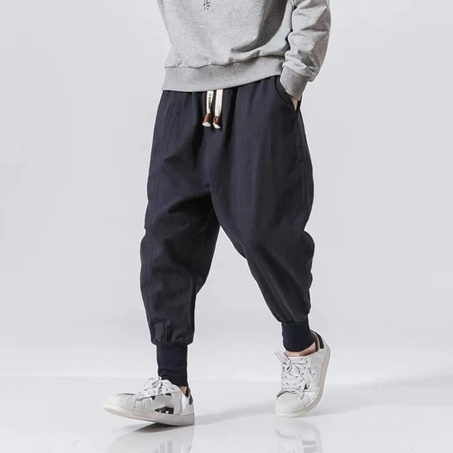 Cotton Linen Harem Pants Men Solid Elastic Waist Streetwear Joggers Baggy Pants Casual Trousers Men