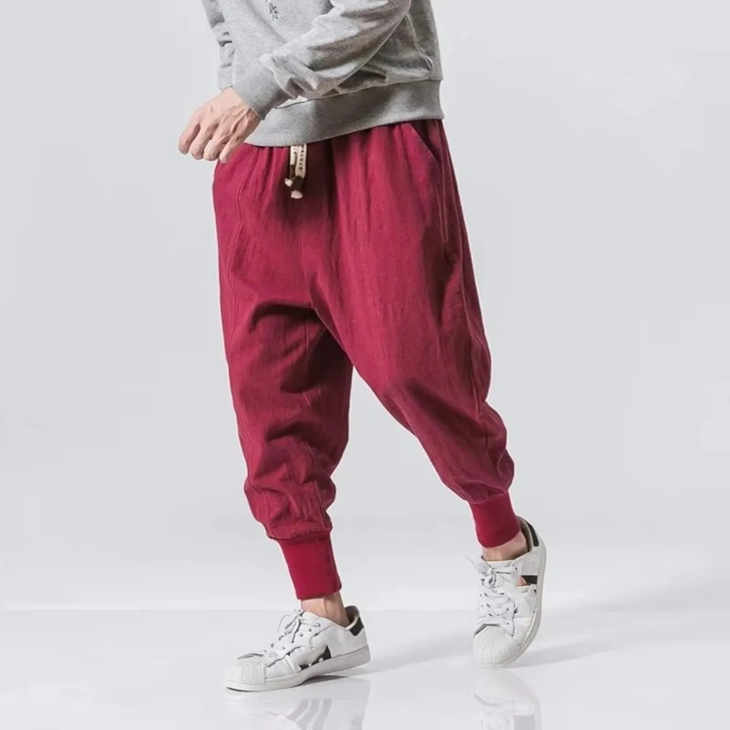 Cotton Linen Harem Pants Men Solid Elastic Waist Streetwear Joggers Baggy Pants Casual Trousers Men