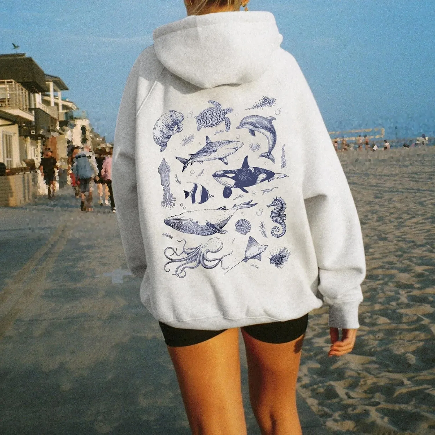 Cute Graphic Hoodies for Women Teen Girls Y2k Ocean/Seashell Oversized Sweatshirt Long Sleeve Pullover Streetwear