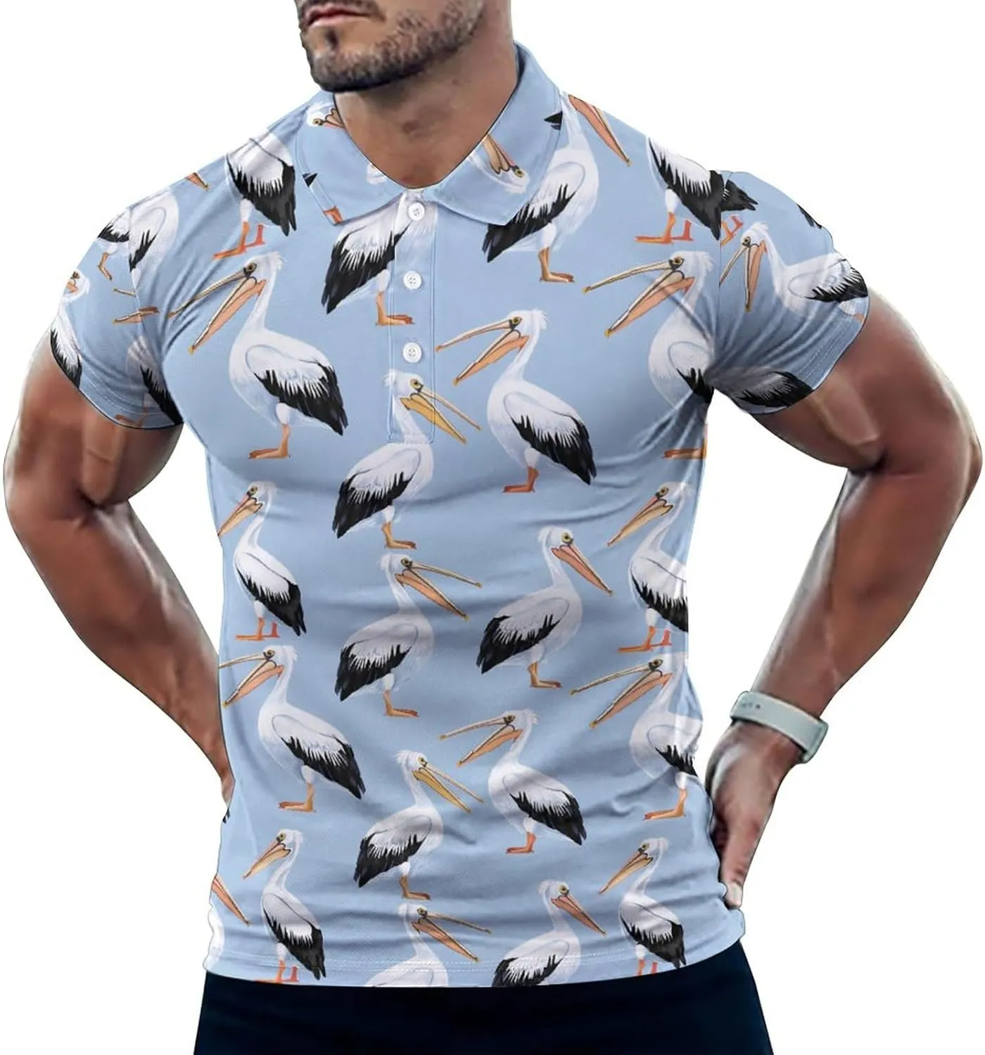 Cute Pelicans Mens Polo Shirts Quick Dry Short Sleeve Golf Slim Fit T Shirt