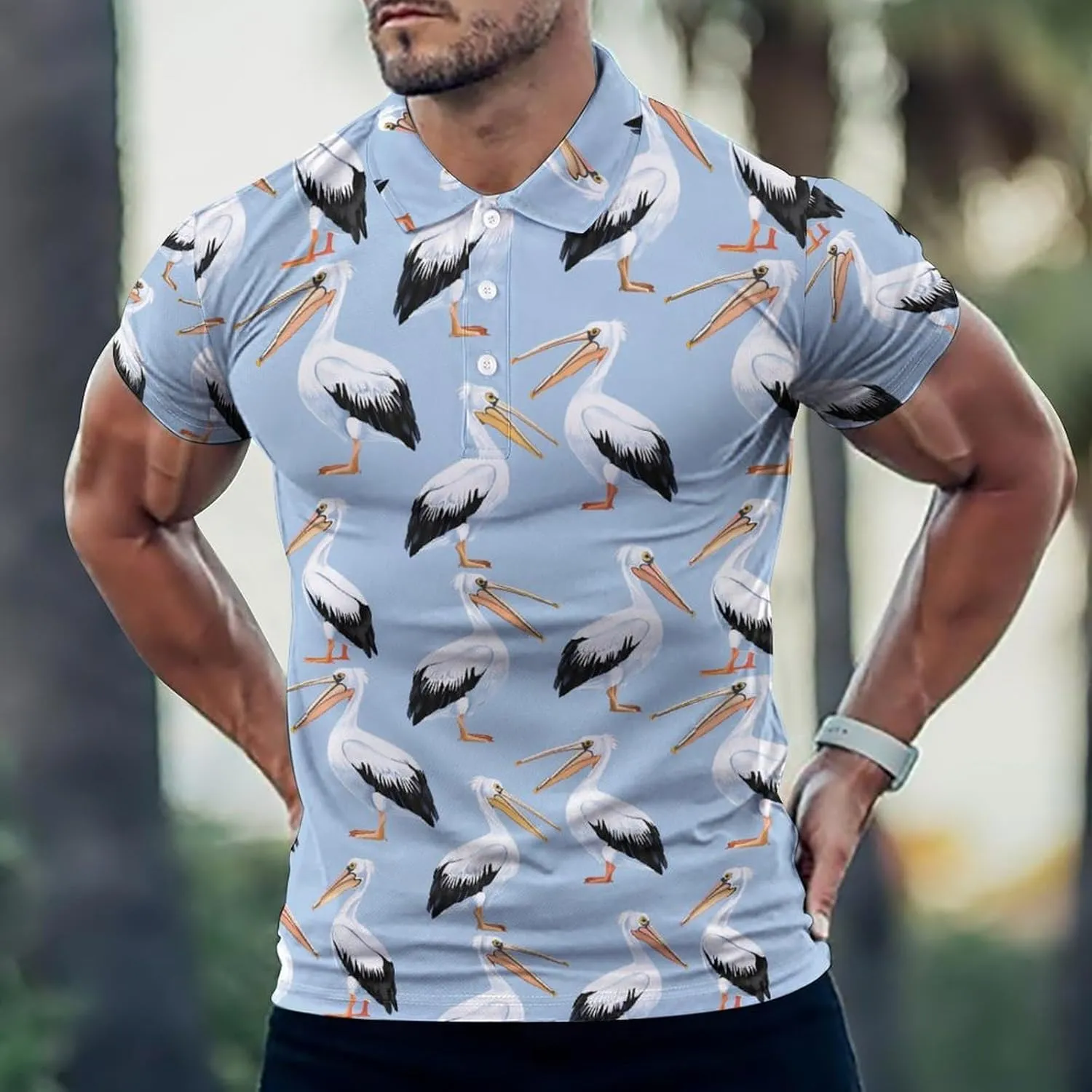 Cute Pelicans Mens Polo Shirts Quick Dry Short Sleeve Golf Slim Fit T Shirt