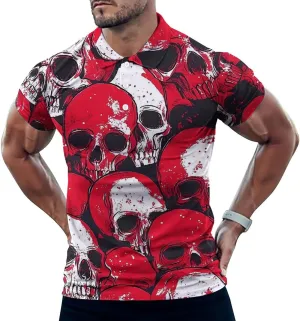 Death Skulls Blood Splatter Mens Polo Shirts Quick Dry Short Sleeve T-shirts Slim Tennis Collared Tees Tops