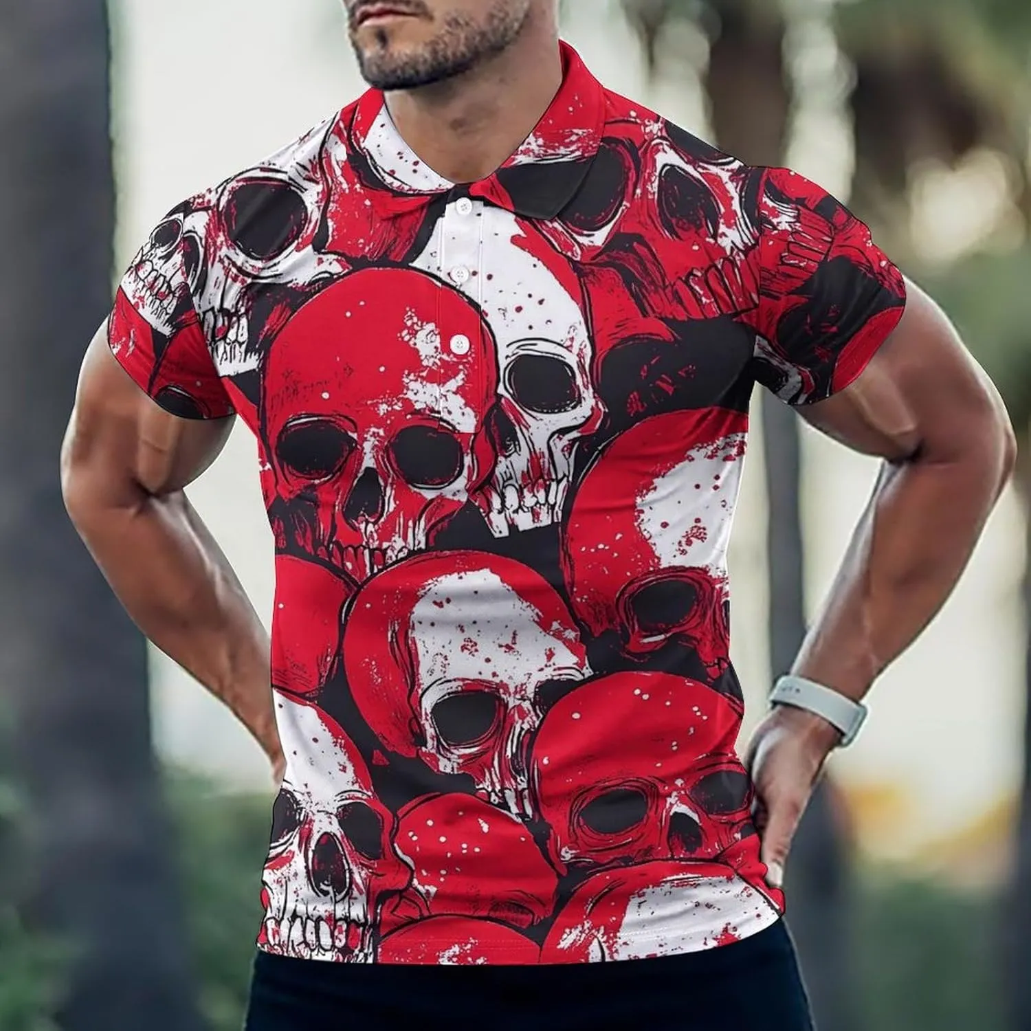 Death Skulls Blood Splatter Mens Polo Shirts Quick Dry Short Sleeve T-shirts Slim Tennis Collared Tees Tops