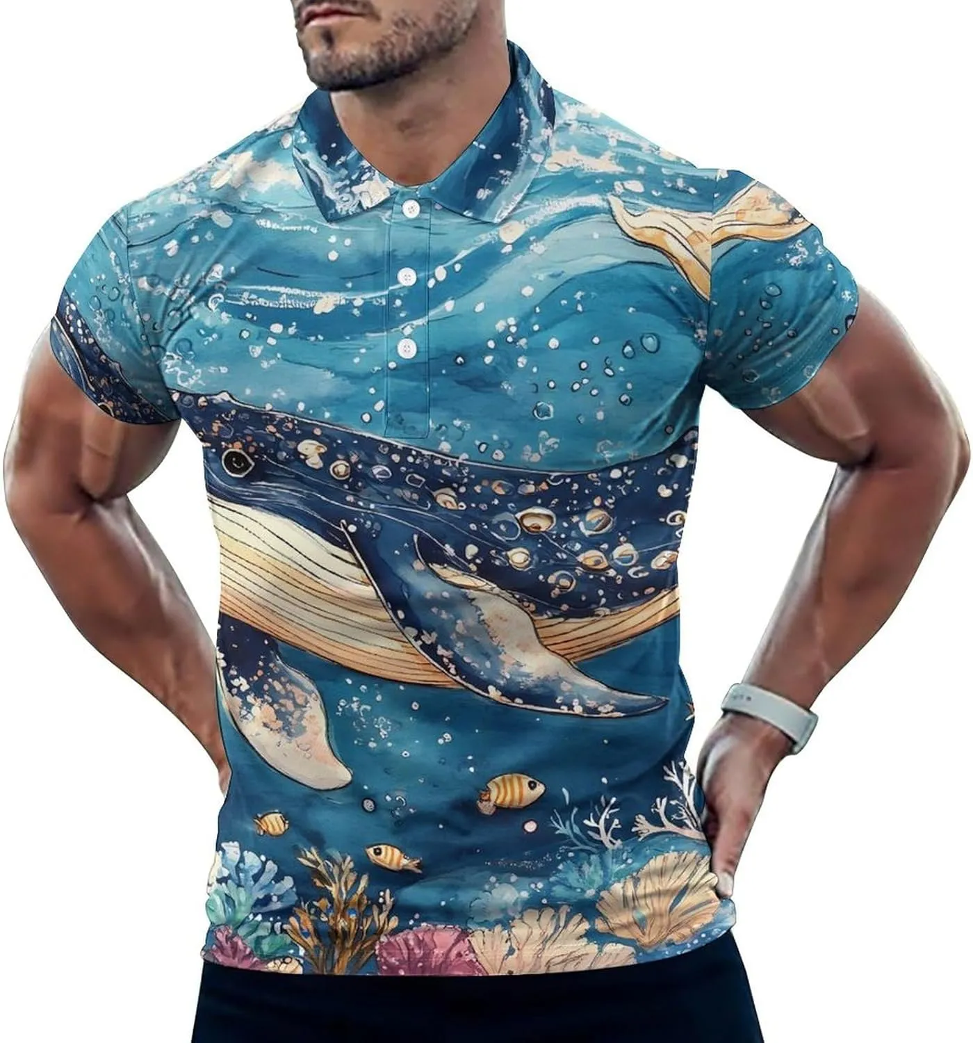 Deep Sea Whale Tropical Fish Coral Mens Polo Shirts Quick Dry Short Sleeve T-shirts Slim Tennis Collared Tees Tops