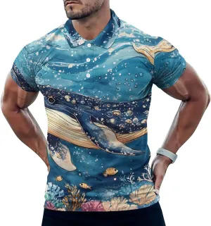 Deep Sea Whale Tropical Fish Coral Mens Polo Shirts Quick Dry Short Sleeve T-shirts Slim Tennis Collared Tees Tops