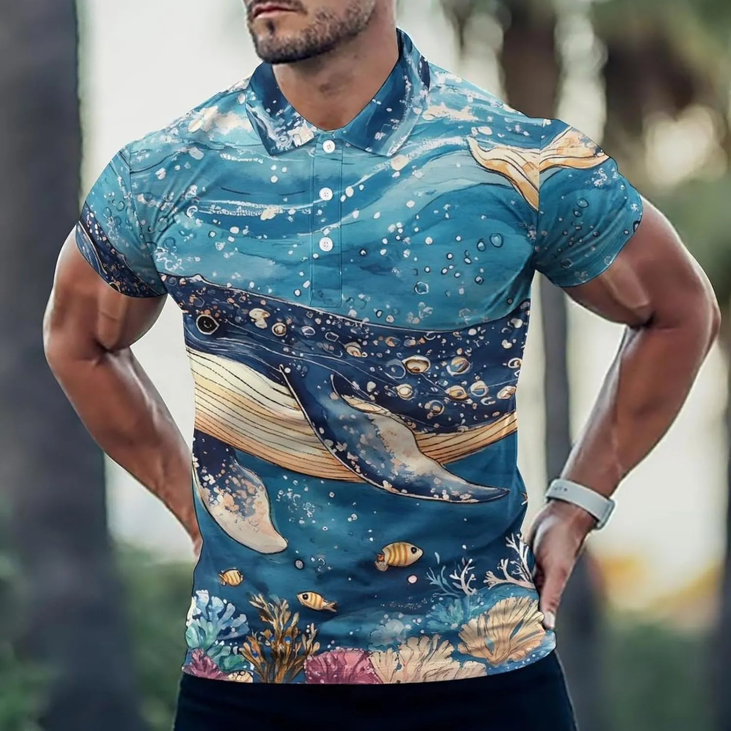 Deep Sea Whale Tropical Fish Coral Mens Polo Shirts Quick Dry Short Sleeve T-shirts Slim Tennis Collared Tees Tops