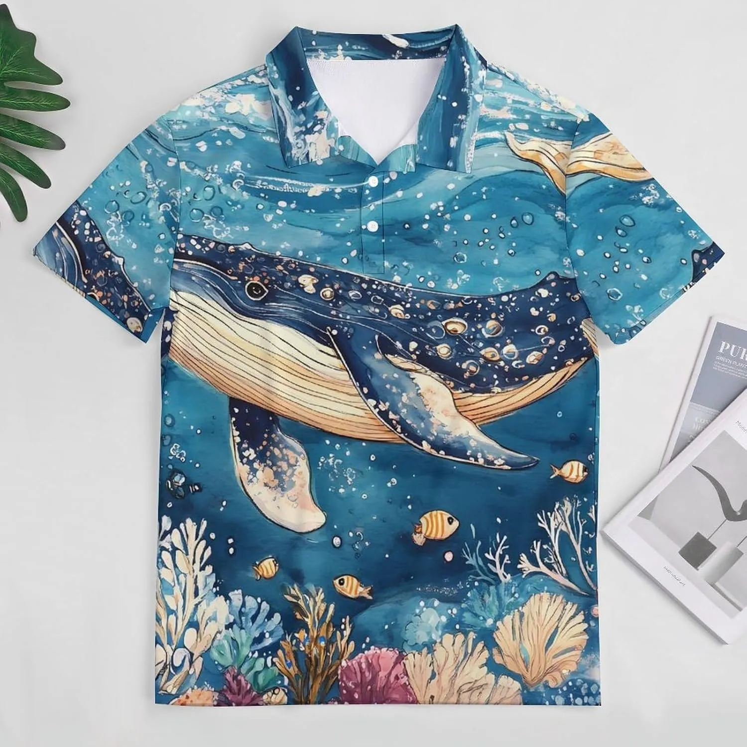 Deep Sea Whale Tropical Fish Coral Mens Polo Shirts Quick Dry Short Sleeve T-shirts Slim Tennis Collared Tees Tops