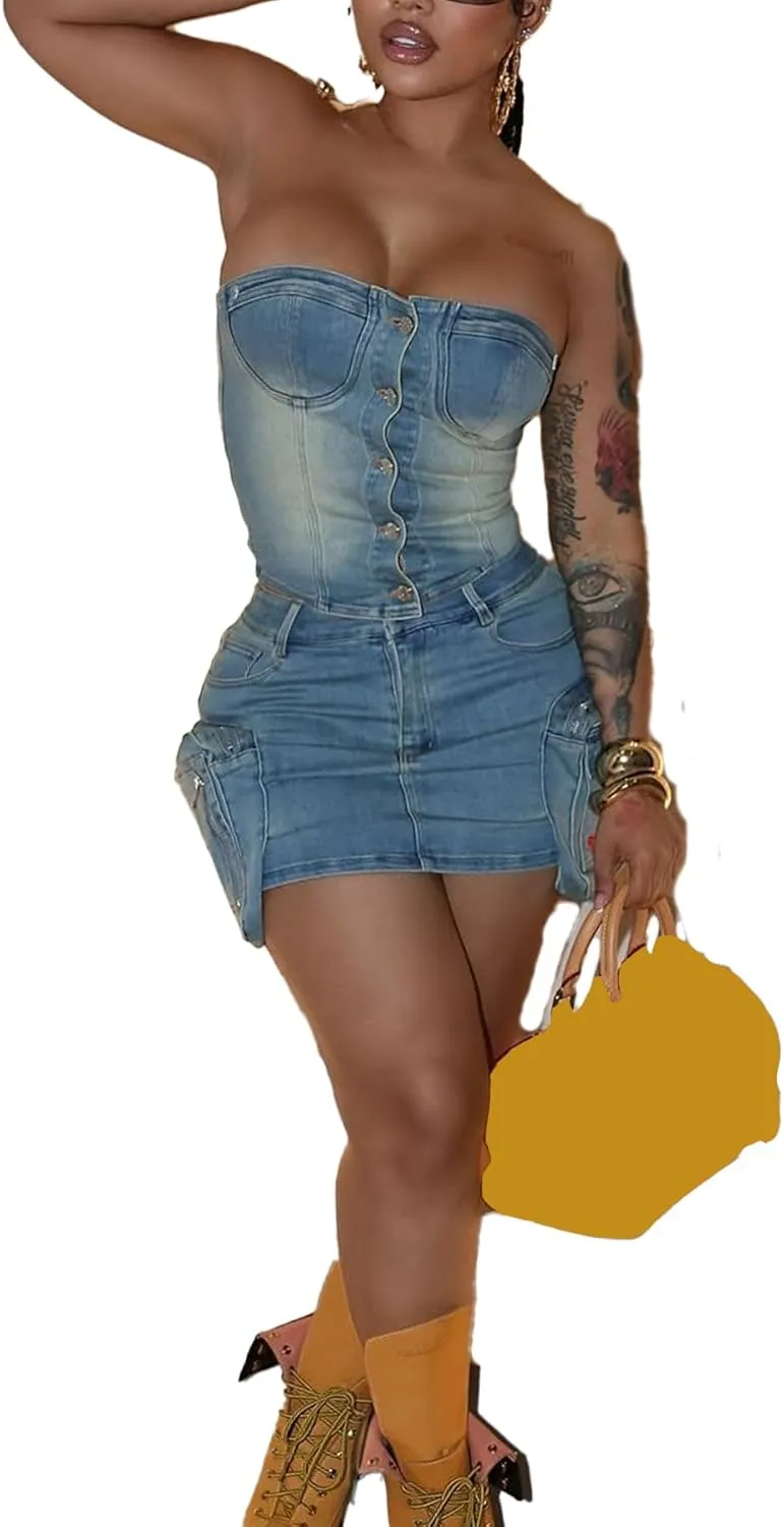 Denim Sets Women 2 Piece Outfits 2025 Summer Button Down Tube Top and High Waisted Mini Skirt Set Party Clubwear
