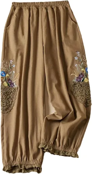 Dndrdhfb Women's Loose Bloomers Lightweight High Waist Embroidered Harem Pants Printed Trousers