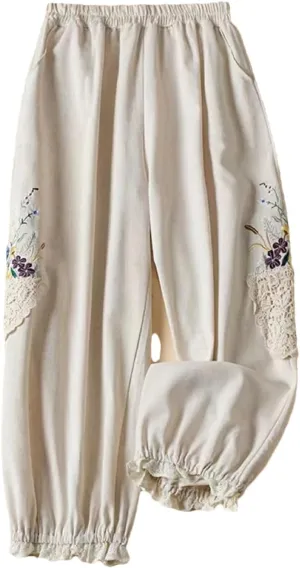 Dndrdhfb Women's Loose Bloomers Lightweight High Waist Embroidered Harem Pants Printed Trousers