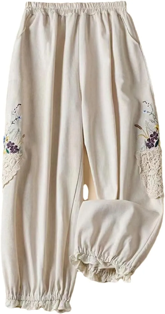 Dndrdhfb Women's Loose Bloomers Lightweight High Waist Embroidered Harem Pants Printed Trousers