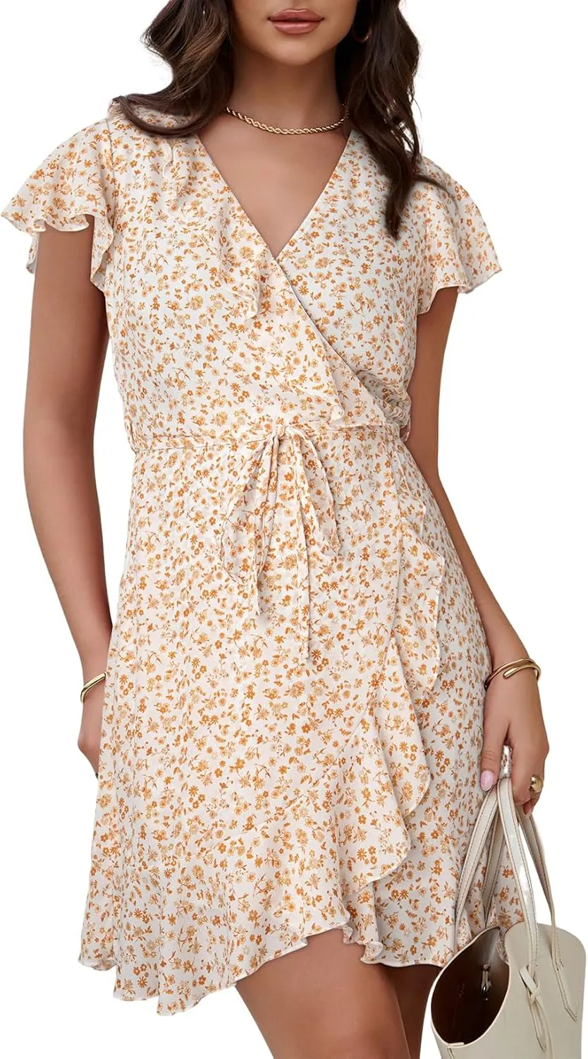 Dokotoo Womens Summer Dresses 2025 Deep V Neck Ruffle Floral Flowy Mini Dress Sundresses Vacation Beach Outfits for Women