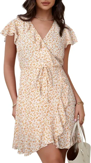 Dokotoo Womens Summer Dresses 2025 Deep V Neck Ruffle Floral Flowy Mini Dress Sundresses Vacation Beach Outfits for Women