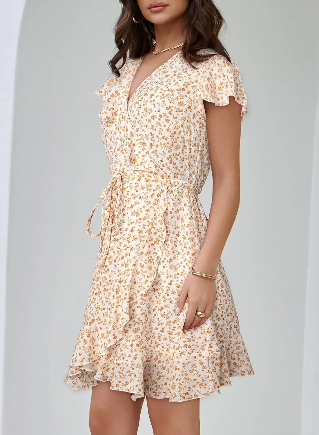 Dokotoo Womens Summer Dresses 2025 Deep V Neck Ruffle Floral Flowy Mini Dress Sundresses Vacation Beach Outfits for Women
