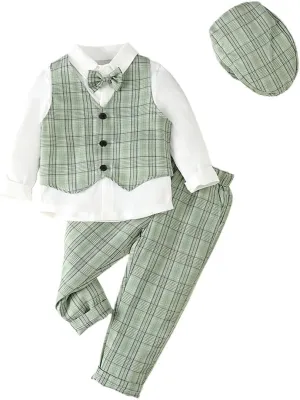 Dressy Daisy Baby Toddler Boys Gentleman Vest Suit Wedding Formal Dress Outfit Set with Hat, Gray Green Blue Brown