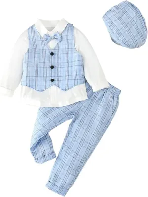 Dressy Daisy Baby Toddler Boys Gentleman Vest Suit Wedding Formal Dress Outfit Set with Hat, Gray Green Blue Brown