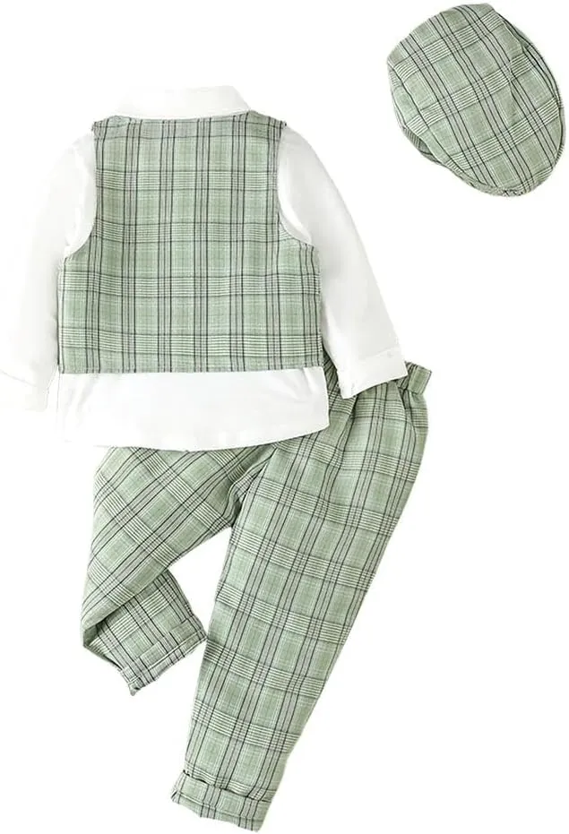 Dressy Daisy Baby Toddler Boys Gentleman Vest Suit Wedding Formal Dress Outfit Set with Hat, Gray Green Blue Brown