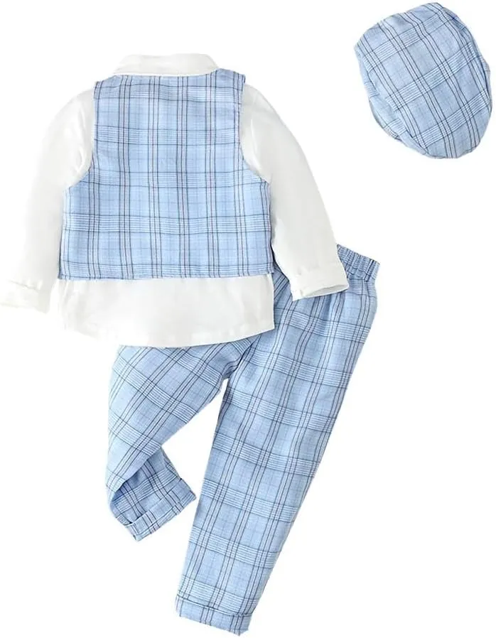 Dressy Daisy Baby Toddler Boys Gentleman Vest Suit Wedding Formal Dress Outfit Set with Hat, Gray Green Blue Brown