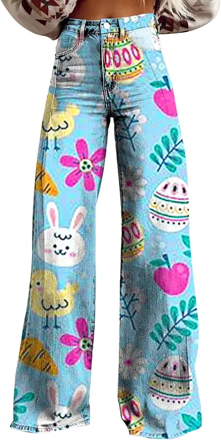 Easter Jeans Women 2025 Mid Rise Barrel Jeans for Women Wide Leg Loose Y2K Baggy Jeans Denim Pants with Pockets