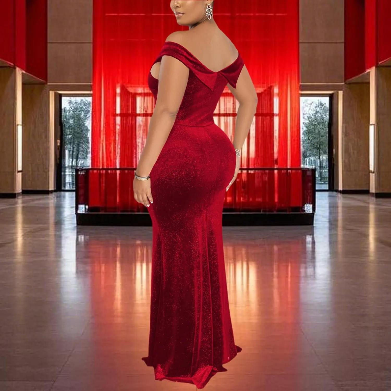 Elegant Off Shoulder Mermaid Bodycon Maxi Dress for Women Sexy Wedding Ruched Evening Gown Prom Cocktail Party Dress