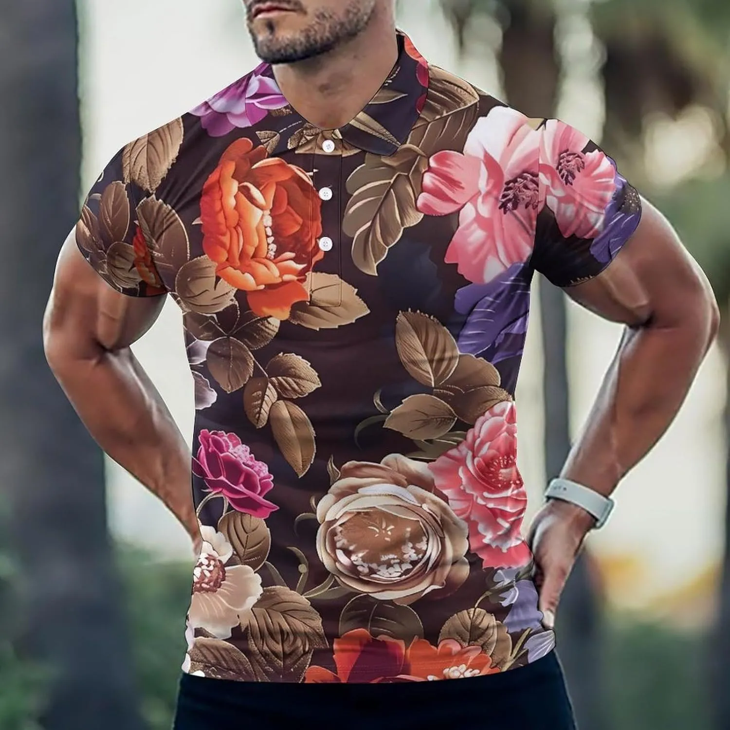 Elegant Roses Floral Pattern Mens Polo Shirts Quick Dry Short Sleeve T-shirts Slim Tennis Collared Tees Tops