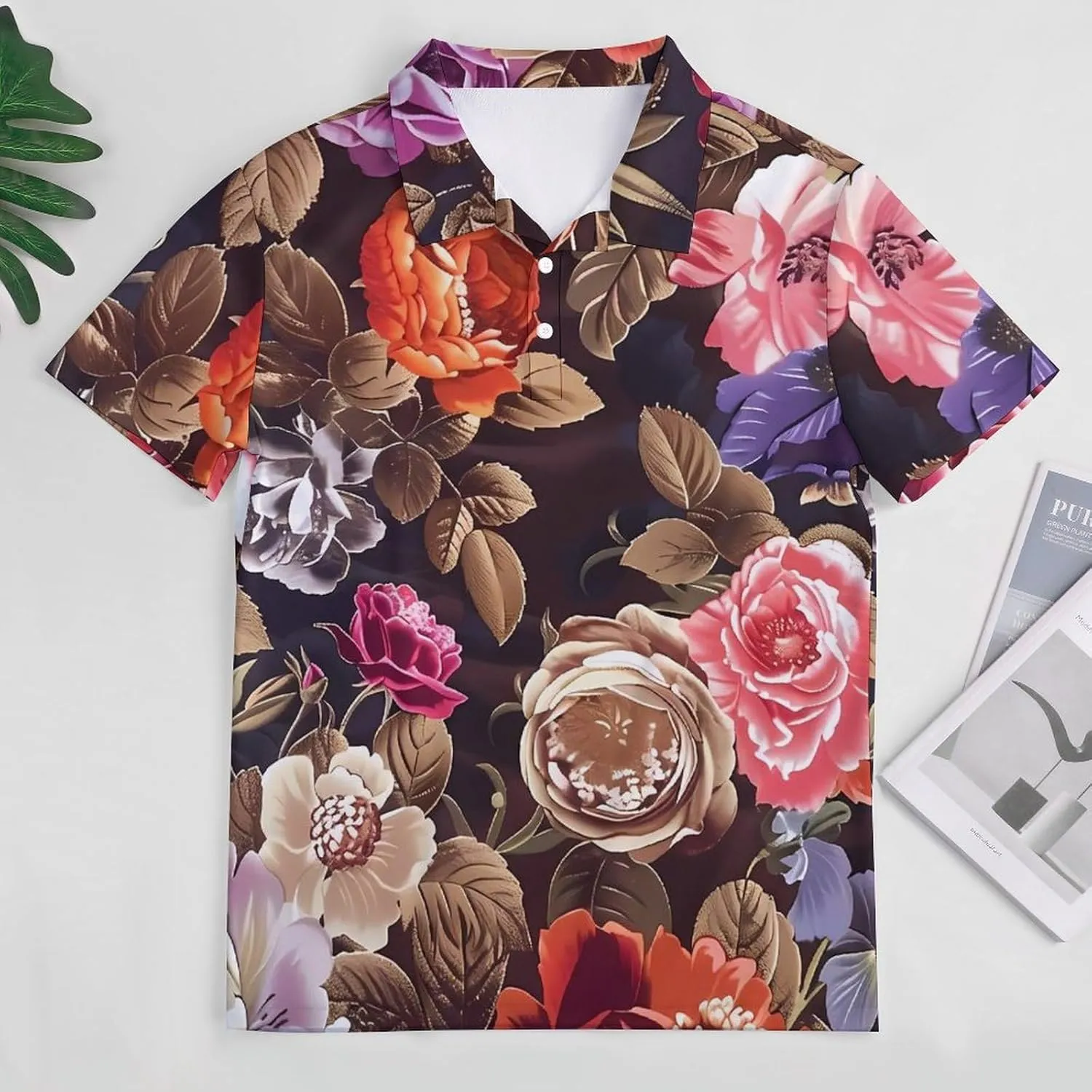 Elegant Roses Floral Pattern Mens Polo Shirts Quick Dry Short Sleeve T-shirts Slim Tennis Collared Tees Tops