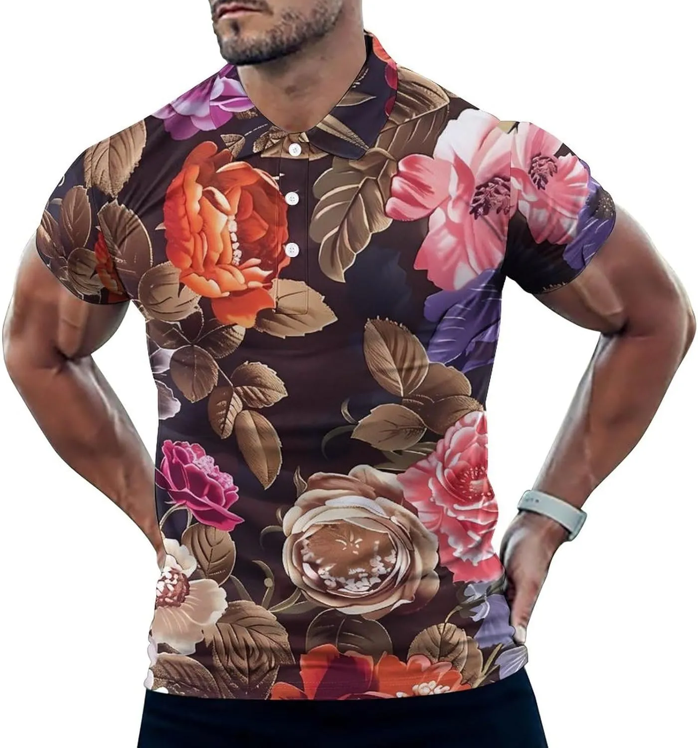 Elegant Roses Floral Pattern Mens Polo Shirts Quick Dry Short Sleeve T-shirts Slim Tennis Collared Tees Tops