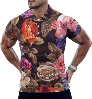 Elegant Roses Floral Pattern Mens Polo Shirts Quick Dry Short Sleeve T-shirts Slim Tennis Collared Tees Tops