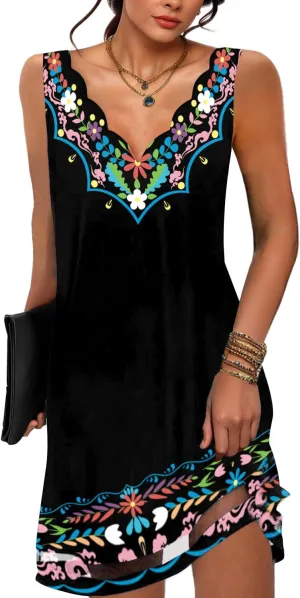 ETCYY NEW Summer Dresses for Women 2025 Seashell Edge V Neck Sleeveless Sundresses Beach Cover Ups Tank Dress with Pockets