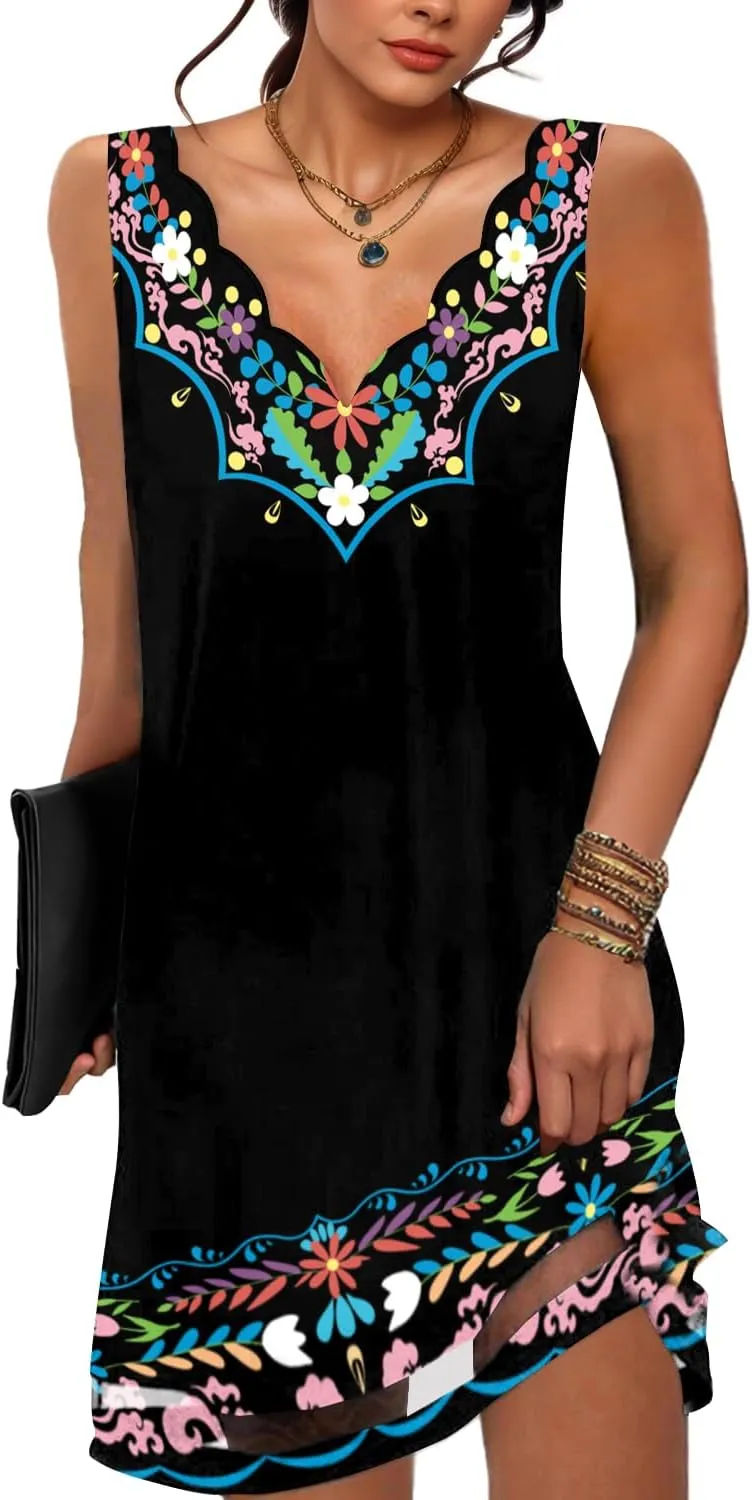 ETCYY NEW Summer Dresses for Women 2025 Seashell Edge V Neck Sleeveless Sundresses Beach Cover Ups Tank Dress with Pockets