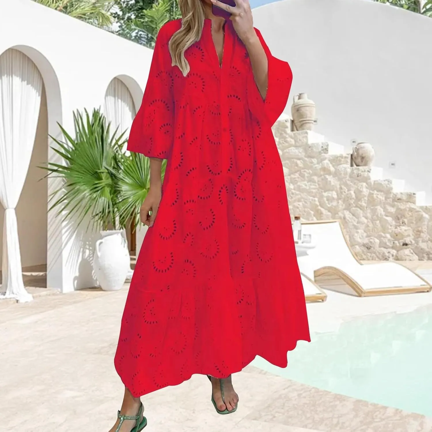 Eyelet Dress for Women Boho Maxi Elegant Lace Hollow Dress Summer V Neck Bell Sleeve Ruffle Casual Flowy Long Dress
