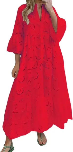 Eyelet Dress for Women Boho Maxi Elegant Lace Hollow Dress Summer V Neck Bell Sleeve Ruffle Casual Flowy Long Dress