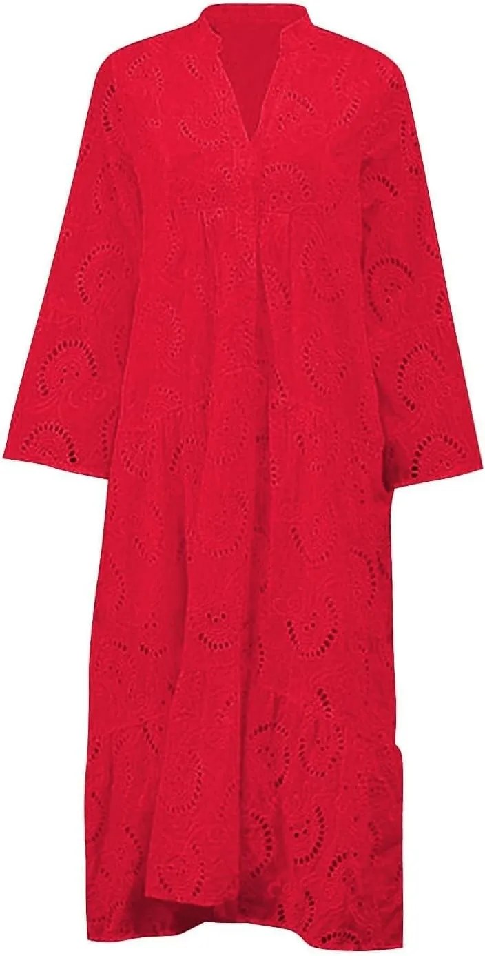 Eyelet Dress for Women Boho Maxi Elegant Lace Hollow Dress Summer V Neck Bell Sleeve Ruffle Casual Flowy Long Dress