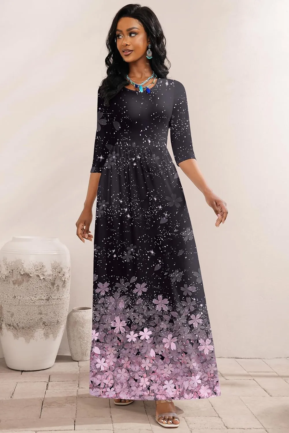 FANDEE Summer Maxi Dress for Women 3/4 Sleeve Crew Neck Floral Print Casual Dress with Pockets
