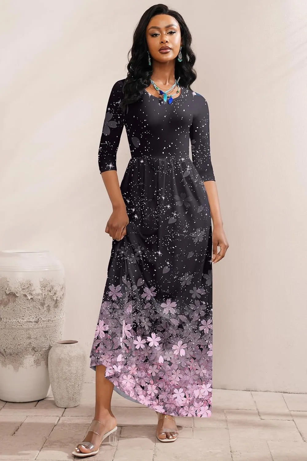 FANDEE Summer Maxi Dress for Women 3/4 Sleeve Crew Neck Floral Print Casual Dress with Pockets