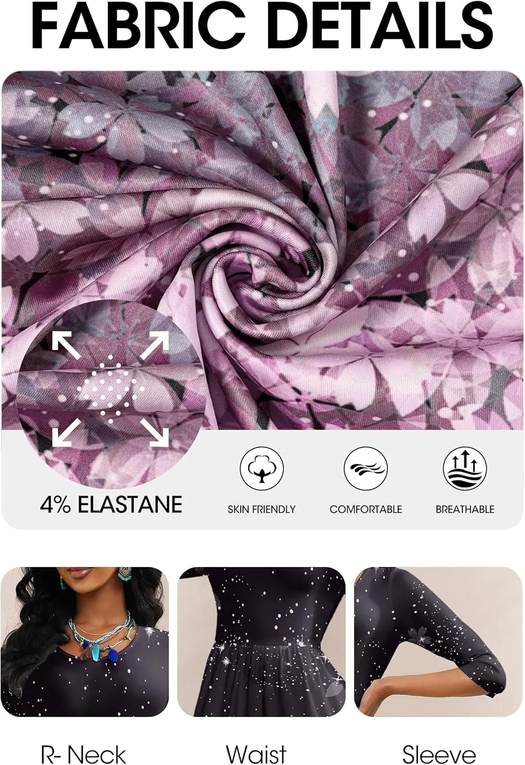 FANDEE Summer Maxi Dress for Women 3/4 Sleeve Crew Neck Floral Print Casual Dress with Pockets
