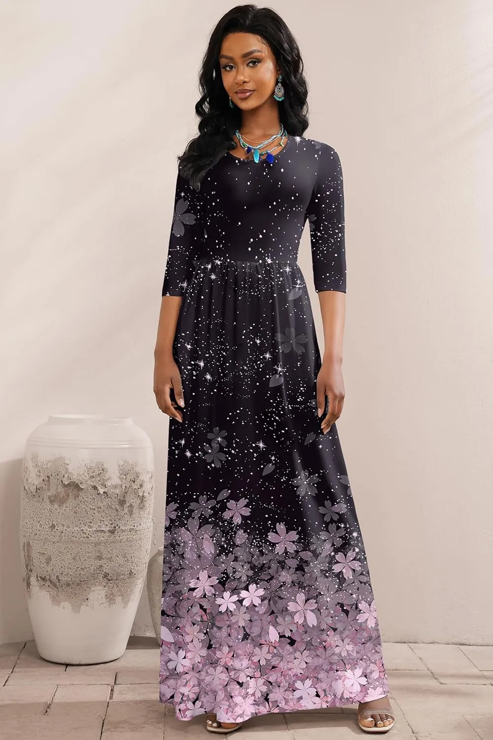 FANDEE Summer Maxi Dress for Women 3/4 Sleeve Crew Neck Floral Print Casual Dress with Pockets