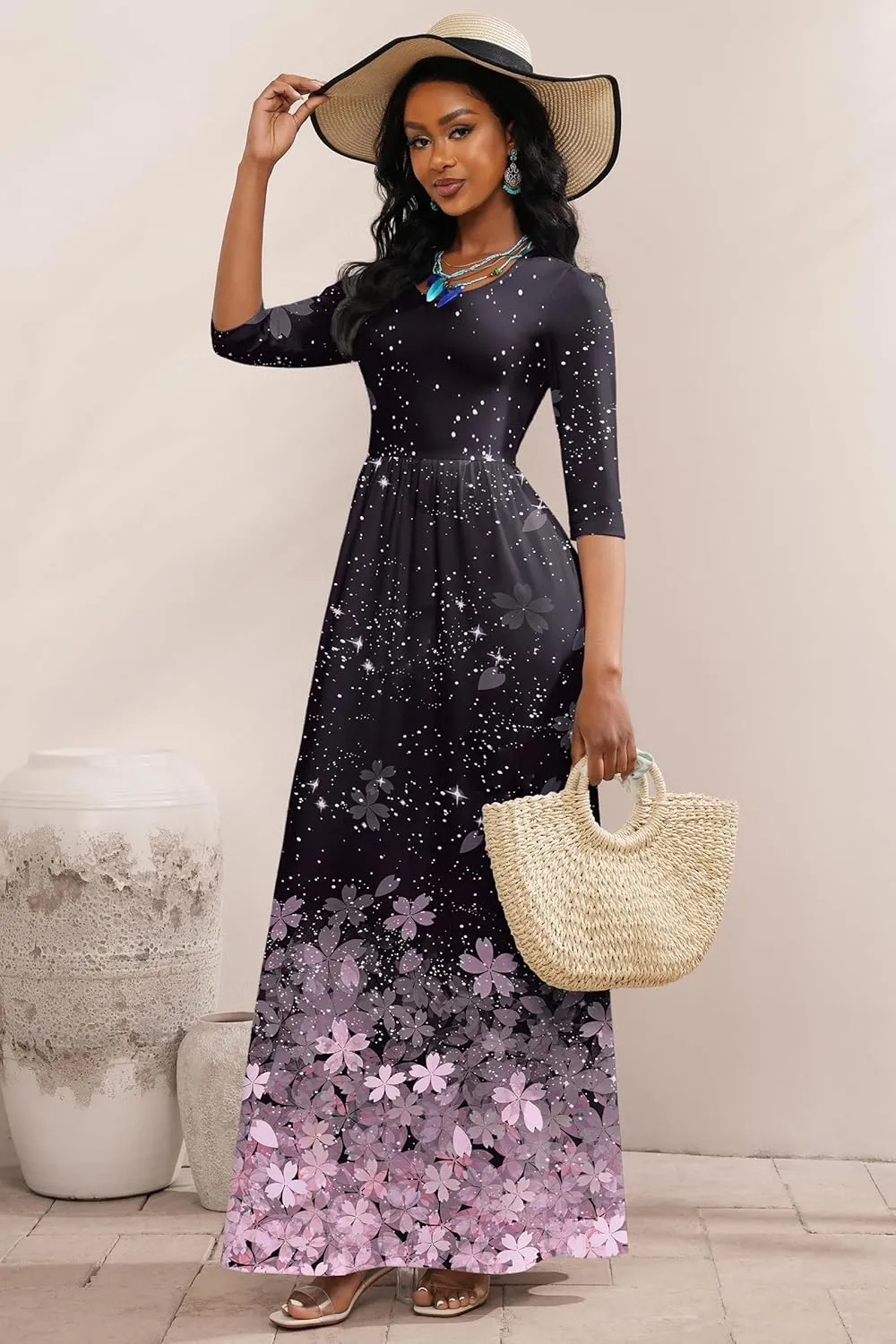FANDEE Summer Maxi Dress for Women 3/4 Sleeve Crew Neck Floral Print Casual Dress with Pockets