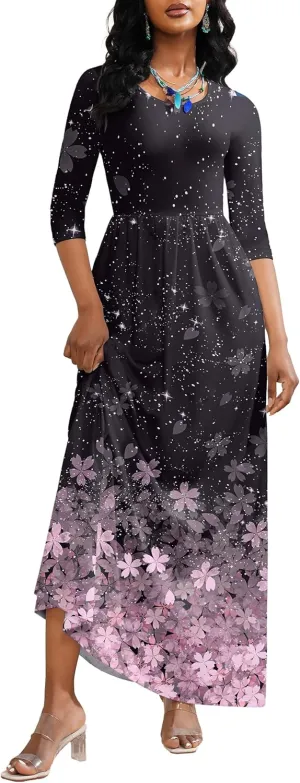 FANDEE Summer Maxi Dress for Women 3/4 Sleeve Crew Neck Floral Print Casual Dress with Pockets